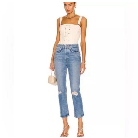 GRLFRND Karolina High Rise Straight Crop In Blue Ellis Island Size 26 - Picture 1 of 11